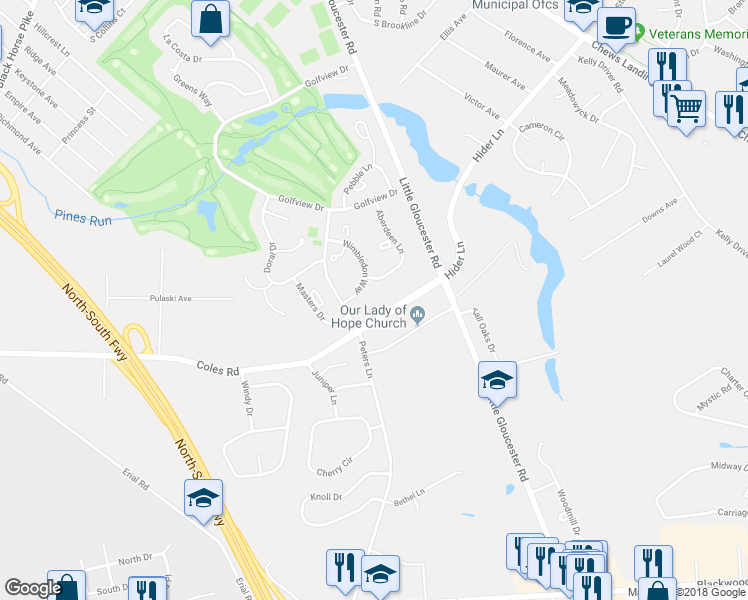 map of restaurants, bars, coffee shops, grocery stores, and more near 404 Wimbledon Way in Camden County