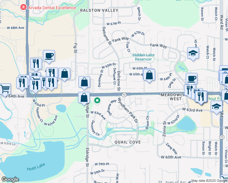 map of restaurants, bars, coffee shops, grocery stores, and more near 6414 Deframe Court in Arvada