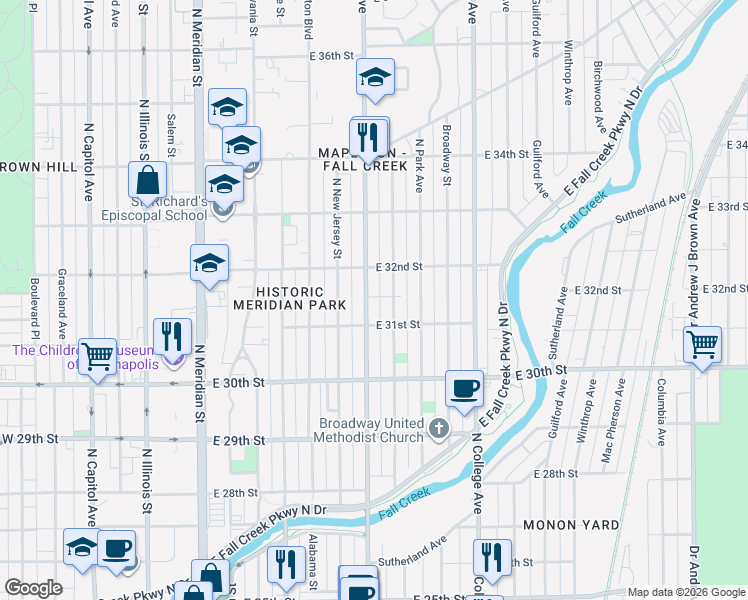 map of restaurants, bars, coffee shops, grocery stores, and more near 3125 Central Avenue in Indianapolis
