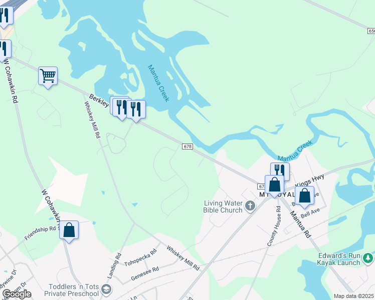 map of restaurants, bars, coffee shops, grocery stores, and more near 65 Berkley Road in East Greenwich Township