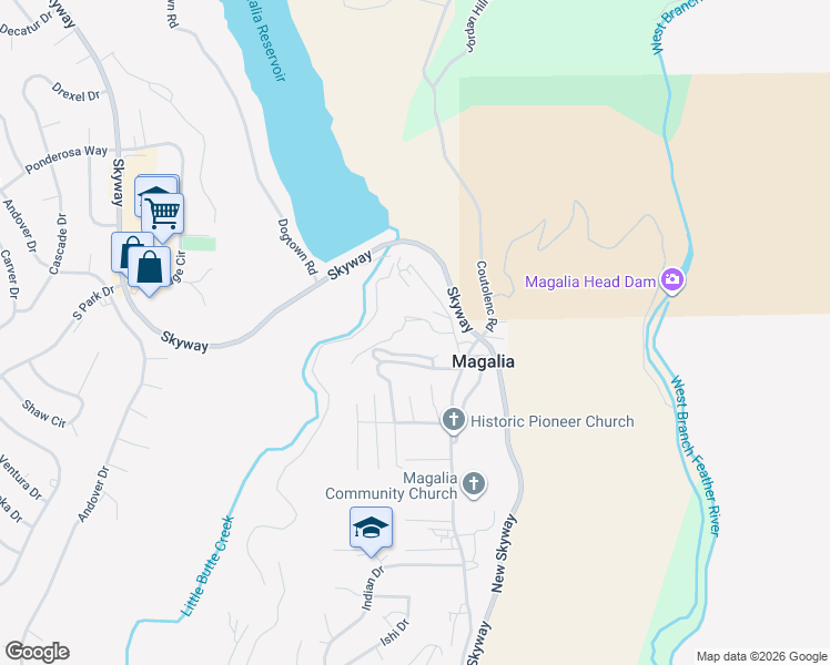 map of restaurants, bars, coffee shops, grocery stores, and more near 13819 Granada Drive in Magalia