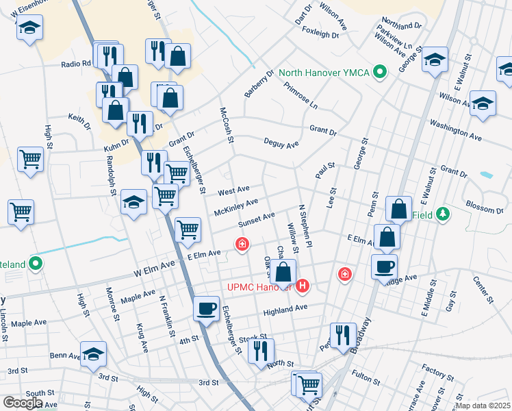 map of restaurants, bars, coffee shops, grocery stores, and more near 219 McKinley Avenue in Hanover