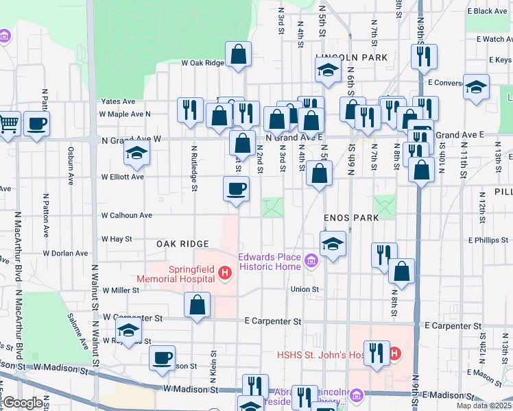 map of restaurants, bars, coffee shops, grocery stores, and more near 1017 North 2nd Street in Springfield