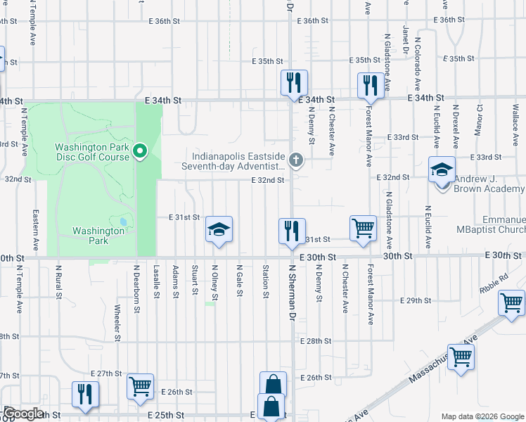 map of restaurants, bars, coffee shops, grocery stores, and more near 3122 Station St in Indianapolis