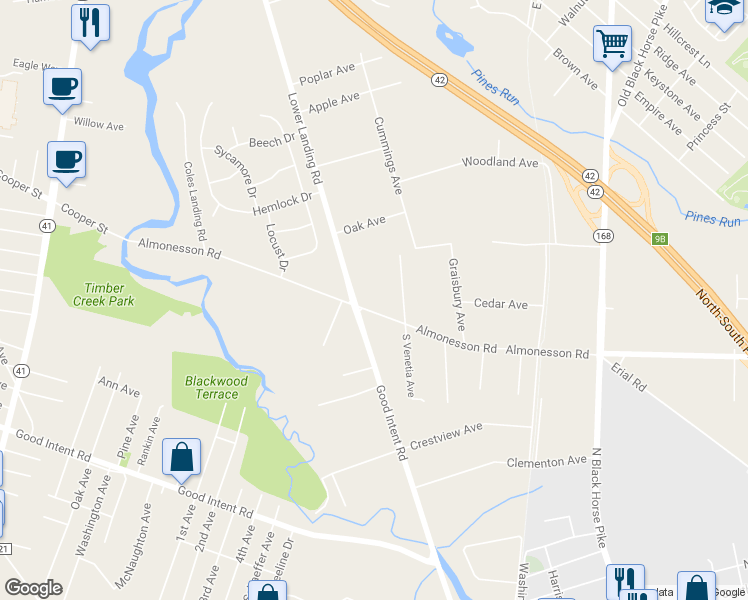 map of restaurants, bars, coffee shops, grocery stores, and more near 421 Almonesson Rd in Gloucester Township