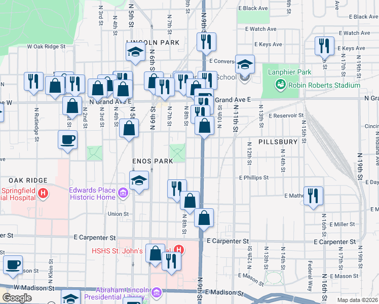 map of restaurants, bars, coffee shops, grocery stores, and more near 1006 North 8th Street in Springfield