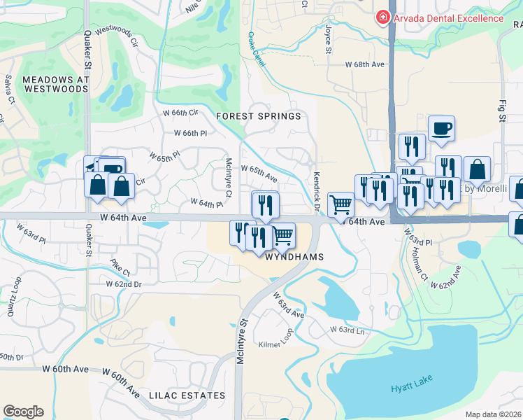 map of restaurants, bars, coffee shops, grocery stores, and more near 15456 West 64th Avenue in Arvada