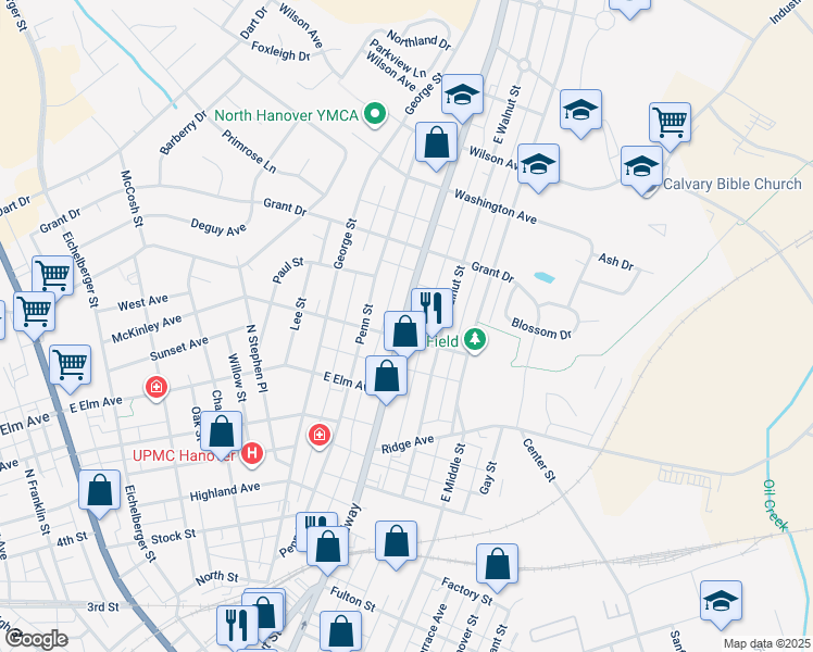 map of restaurants, bars, coffee shops, grocery stores, and more near 713 Broadway in Hanover