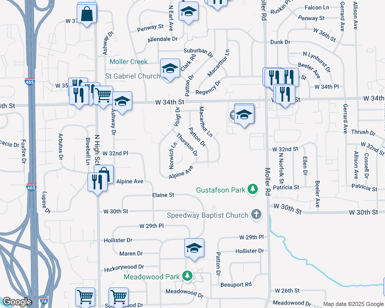 map of restaurants, bars, coffee shops, grocery stores, and more near 3214 Thurston Drive in Indianapolis