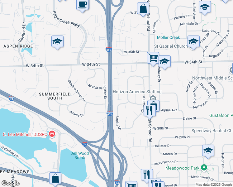 map of restaurants, bars, coffee shops, grocery stores, and more near 3224 Lupine Drive in Indianapolis