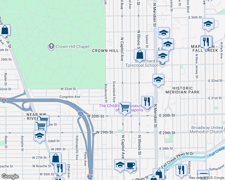 map of restaurants, bars, coffee shops, grocery stores, and more near 3156 Graceland Avenue in Indianapolis