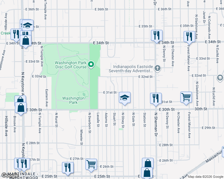 map of restaurants, bars, coffee shops, grocery stores, and more near 3110 Stuart Street in Indianapolis