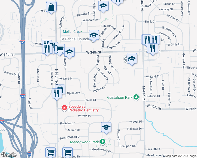 map of restaurants, bars, coffee shops, grocery stores, and more near 3173 Norwich Court in Indianapolis
