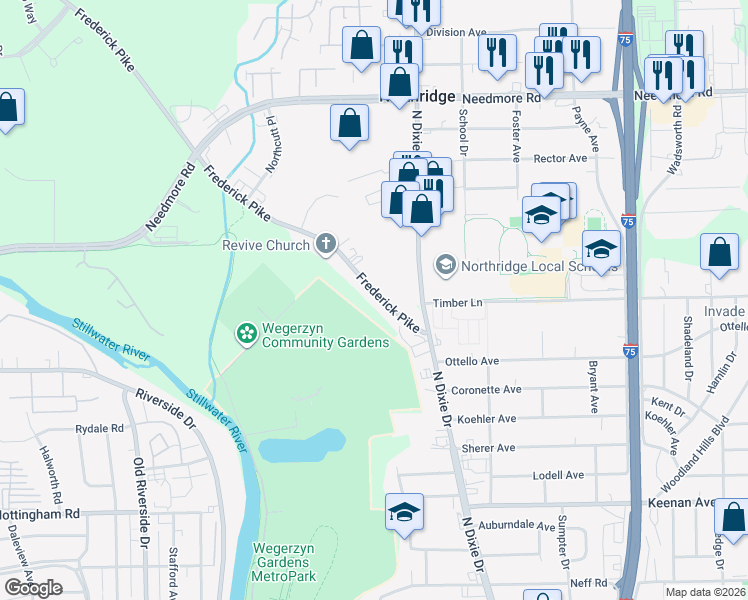 map of restaurants, bars, coffee shops, grocery stores, and more near 4605 Frederick Pike in Dayton