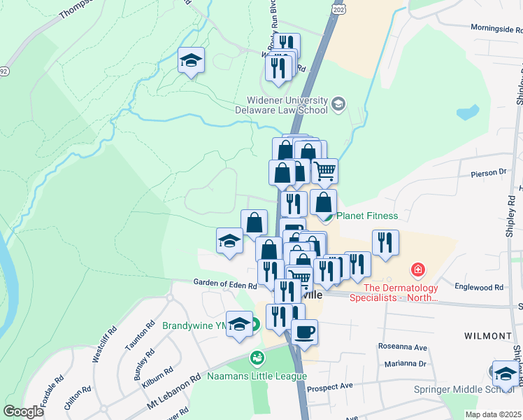 map of restaurants, bars, coffee shops, grocery stores, and more near 2 Righter Parkway in Wilmington