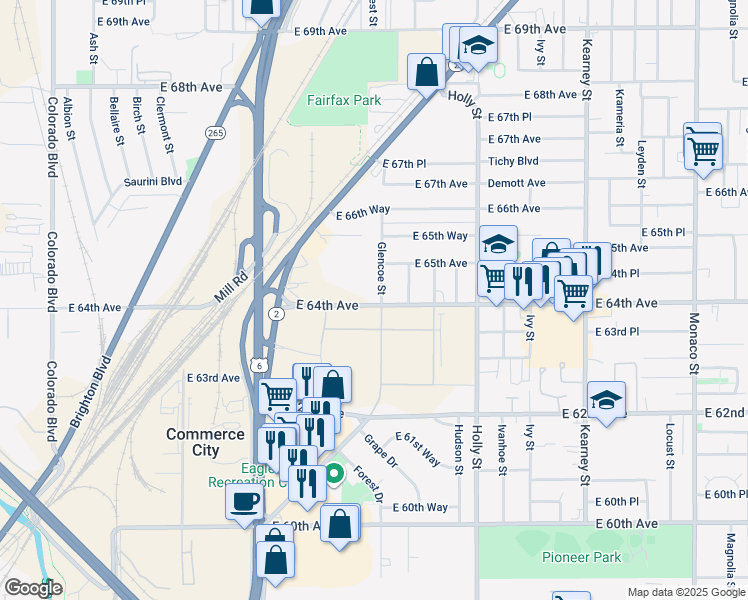 map of restaurants, bars, coffee shops, grocery stores, and more near 6401 Glencoe Street in Commerce City