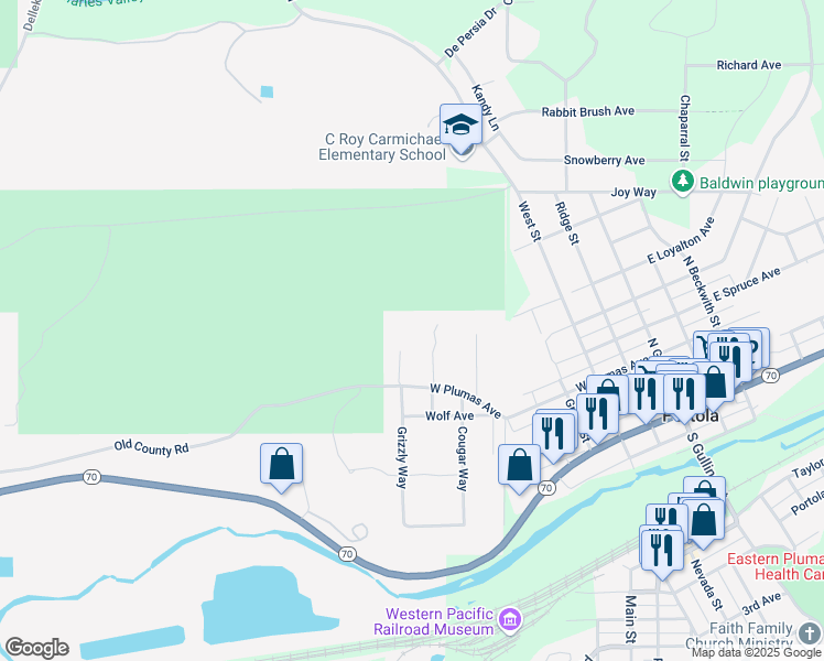 map of restaurants, bars, coffee shops, grocery stores, and more near 940 West Plumas Avenue in Portola