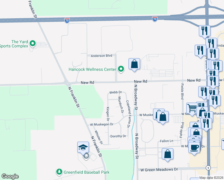 map of restaurants, bars, coffee shops, grocery stores, and more near 958 Webb Drive in Greenfield