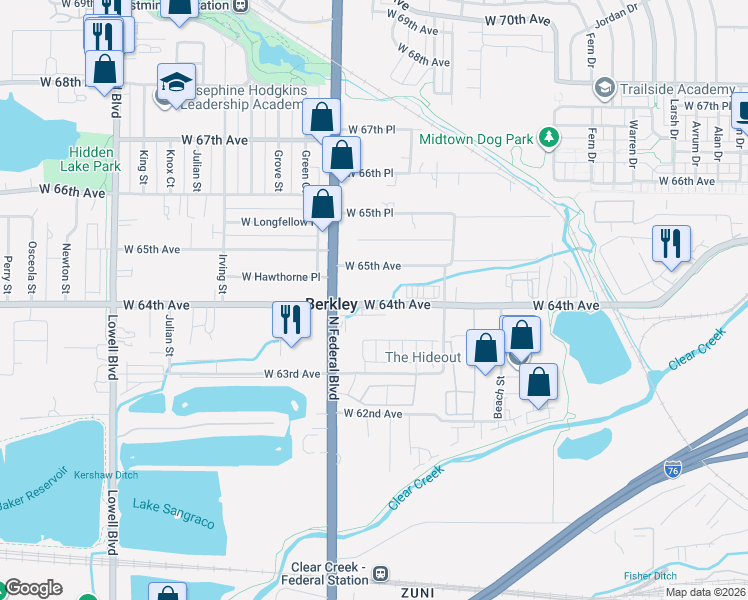 map of restaurants, bars, coffee shops, grocery stores, and more near 2865 West 64th Avenue in Denver