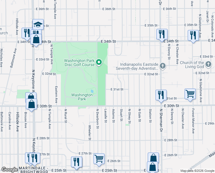 map of restaurants, bars, coffee shops, grocery stores, and more near 3109 N Lasalle St in Indianapolis