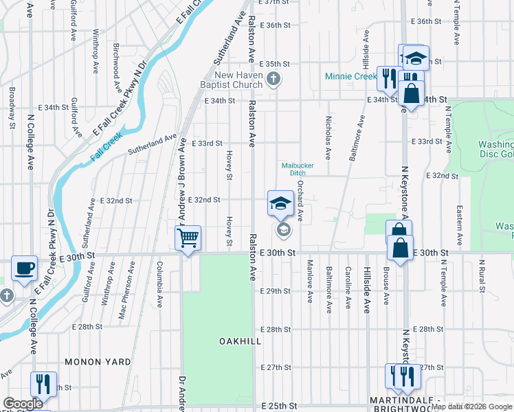 map of restaurants, bars, coffee shops, grocery stores, and more near 3134 Ralston Avenue in Indianapolis