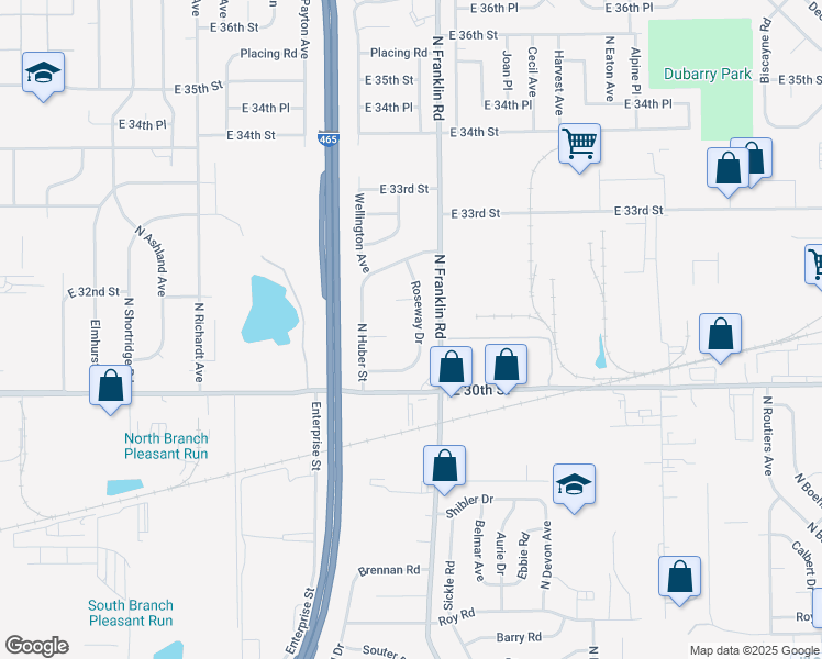 map of restaurants, bars, coffee shops, grocery stores, and more near 3102 Roseway Drive in Indianapolis