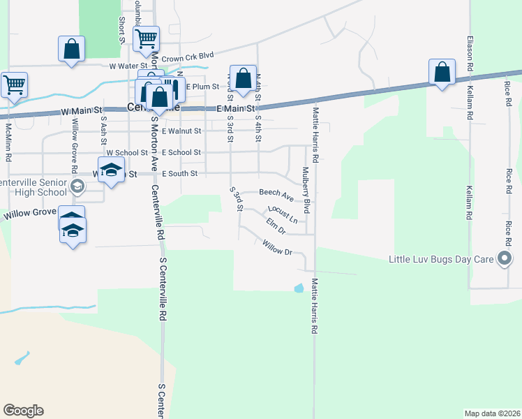 map of restaurants, bars, coffee shops, grocery stores, and more near 408 Elm Drive in Centerville