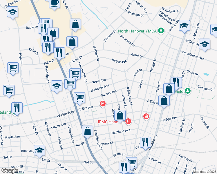 map of restaurants, bars, coffee shops, grocery stores, and more near 219 McKinley Avenue in Hanover