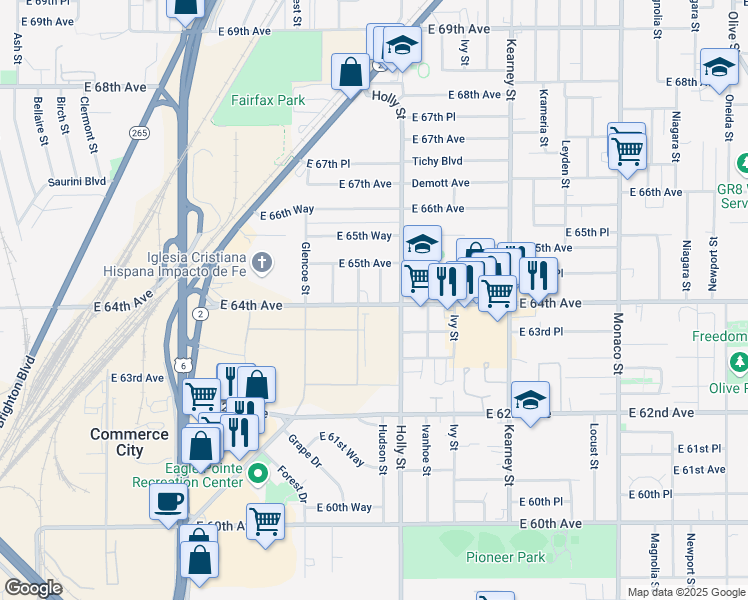 map of restaurants, bars, coffee shops, grocery stores, and more near 6401 Hudson Street in Commerce City