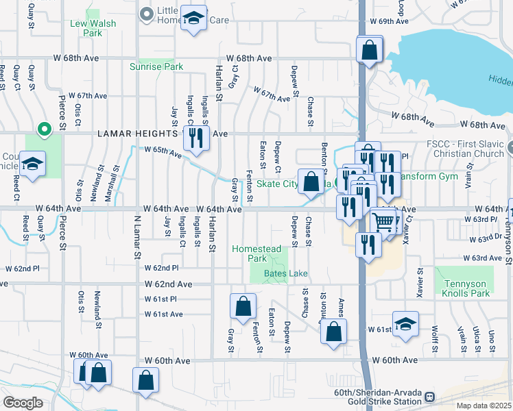 map of restaurants, bars, coffee shops, grocery stores, and more near 5789 West 64th Avenue in Arvada