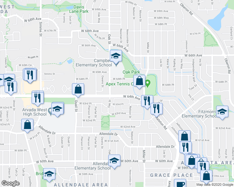 map of restaurants, bars, coffee shops, grocery stores, and more near in Arvada