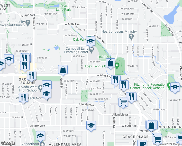 map of restaurants, bars, coffee shops, grocery stores, and more near in Arvada