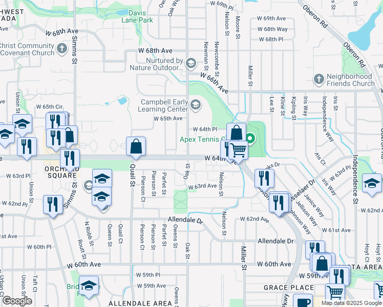 map of restaurants, bars, coffee shops, grocery stores, and more near in Arvada