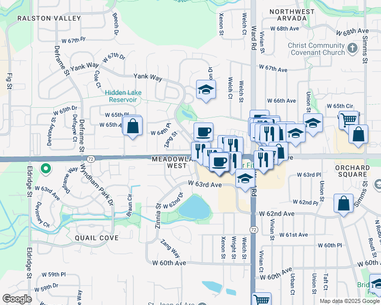 map of restaurants, bars, coffee shops, grocery stores, and more near 12350 West 64th Drive in Arvada