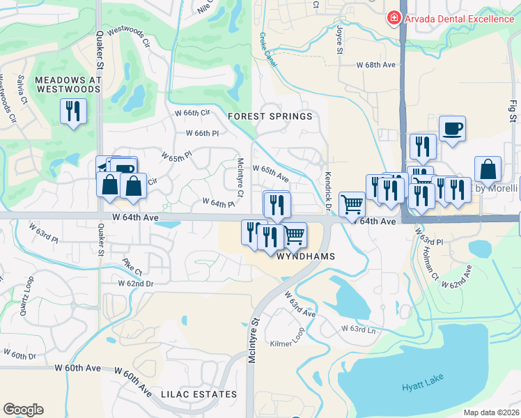 map of restaurants, bars, coffee shops, grocery stores, and more near 15526 West 64th Loop in Arvada