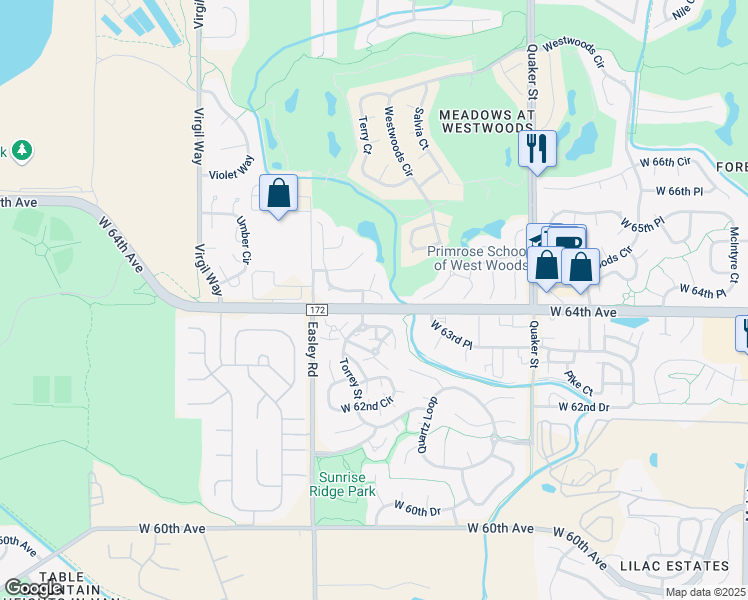 map of restaurants, bars, coffee shops, grocery stores, and more near 16920 West 64th Drive in Arvada