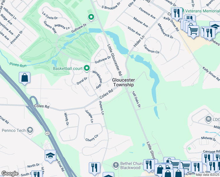map of restaurants, bars, coffee shops, grocery stores, and more near 905 Aberdeen Lane in Camden County