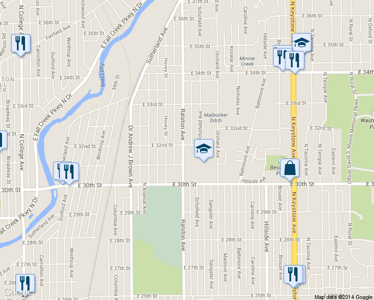 map of restaurants, bars, coffee shops, grocery stores, and more near 3134 Ralston Avenue in Indianapolis