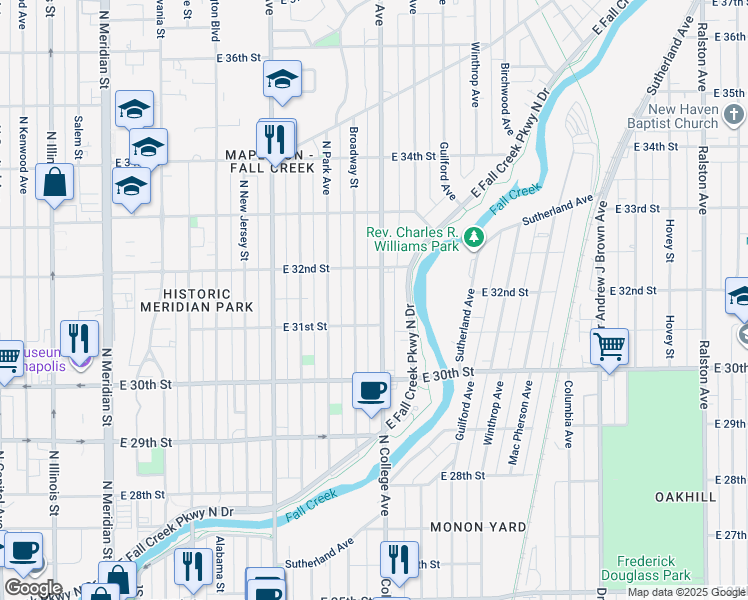 map of restaurants, bars, coffee shops, grocery stores, and more near 3128 North College Avenue in Indianapolis