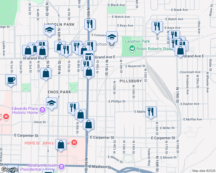 map of restaurants, bars, coffee shops, grocery stores, and more near 1004 North 11th Street in Springfield