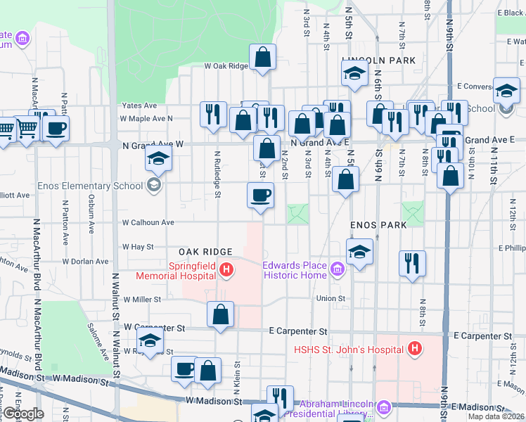 map of restaurants, bars, coffee shops, grocery stores, and more near 1017 North 1st Street in Springfield