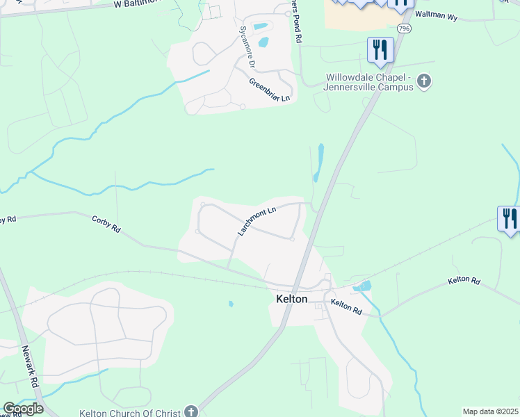 map of restaurants, bars, coffee shops, grocery stores, and more near 220 Larchmont Lane in West Grove