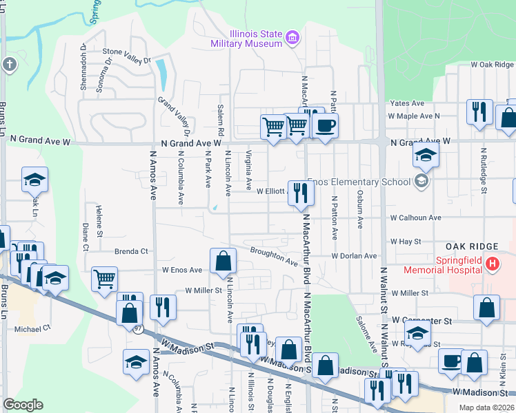map of restaurants, bars, coffee shops, grocery stores, and more near 1105 West Calhoun Avenue in Springfield