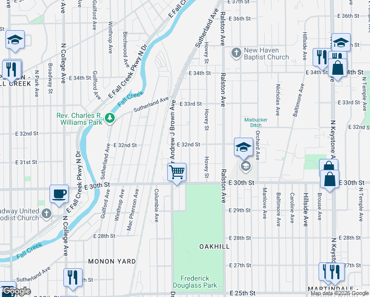 map of restaurants, bars, coffee shops, grocery stores, and more near 3134 North Arsenal Avenue in Indianapolis