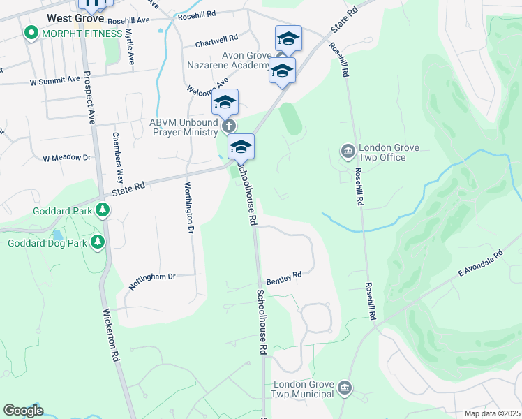 map of restaurants, bars, coffee shops, grocery stores, and more near 119 Schoolhouse Road in West Grove
