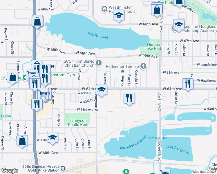 map of restaurants, bars, coffee shops, grocery stores, and more near 6411 Raleigh Street in Arvada