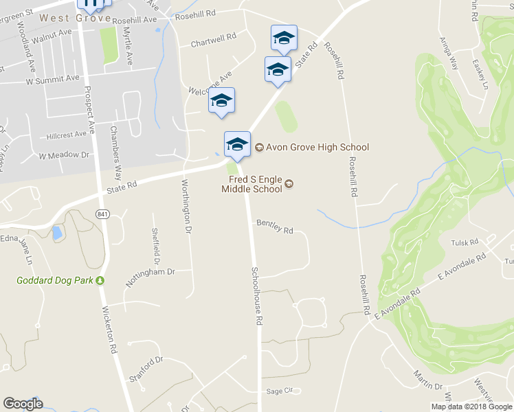 map of restaurants, bars, coffee shops, grocery stores, and more near 119 Schoolhouse Road in West Grove