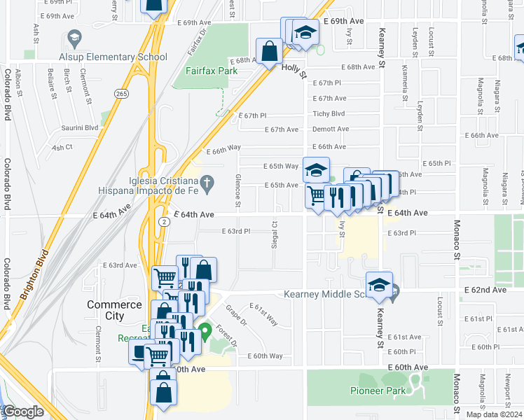 map of restaurants, bars, coffee shops, grocery stores, and more near 6400 Grape Street in Commerce City