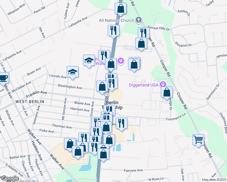map of restaurants, bars, coffee shops, grocery stores, and more near 451 New Jersey 73 in West Berlin