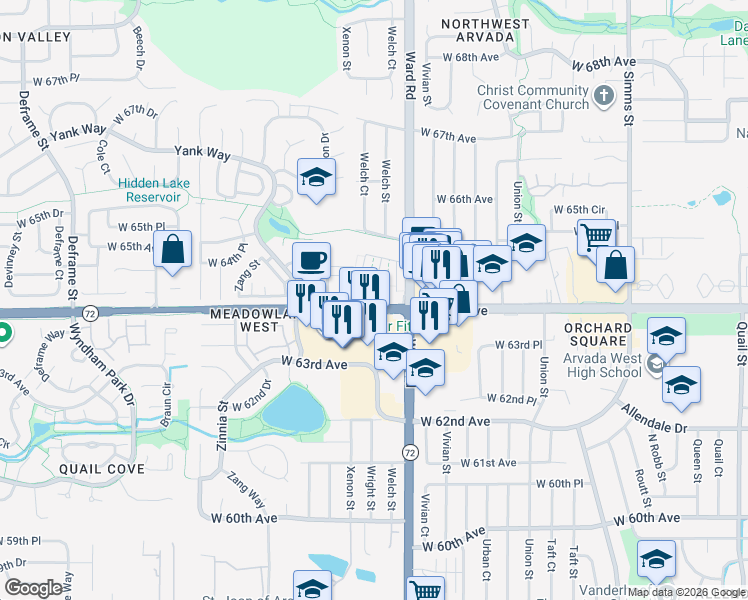 map of restaurants, bars, coffee shops, grocery stores, and more near 6406 Wright Street in Arvada